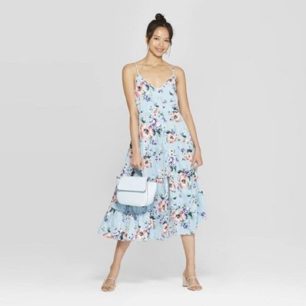 Xhilaration Women's Blue Floral Tiered Midi Dress Size Small